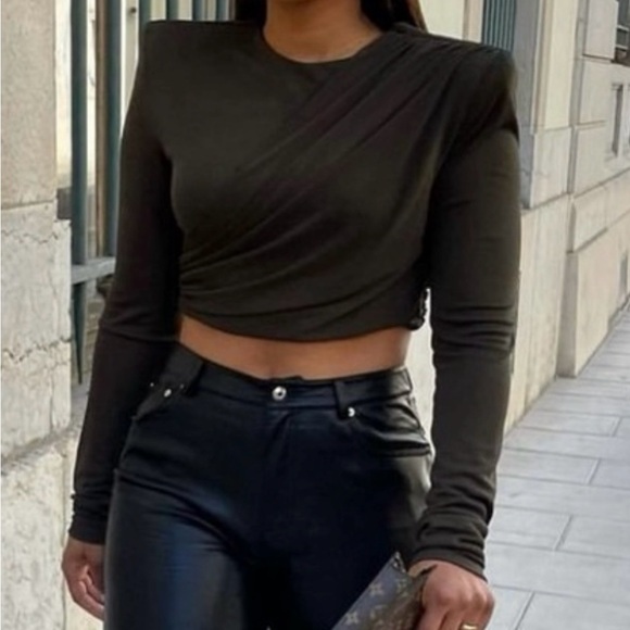 Zara Black Draped Ruched Long Sleeve Crop Top XS - Picture 1 of 7
